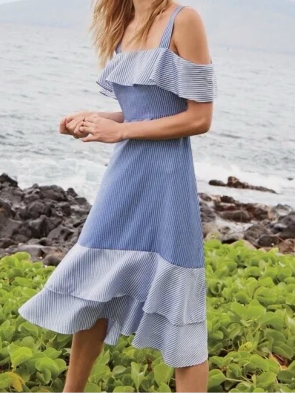 J. Crew Blue Striped Off-Shoulder Ruffle Midi Dress
